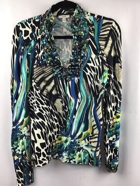 Women’s Cache Animal Print Embellished V-Neck Long Sleeve Top Size Medium